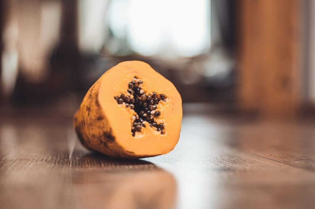 A papaya cut in half